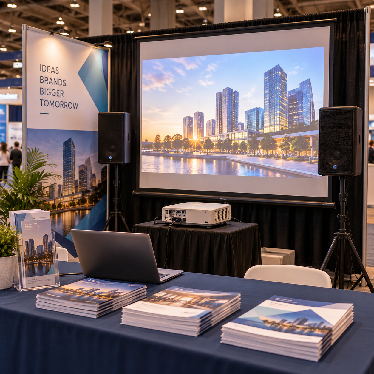 A projector shows a clear image while compact speakers flank the display at the agency booth.