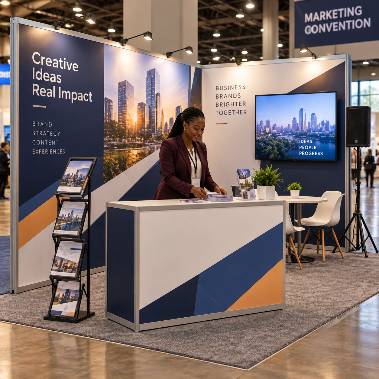 The agency's small exhibition booth with counter, display panels and brochure stand, pair standing within its boundaries.