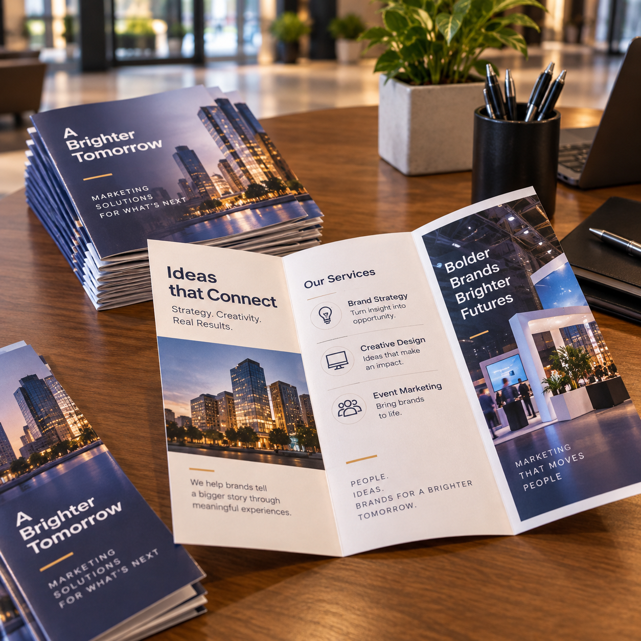 Plum-blazer director opens a colorful folded brochure on the agency table, clear multiple folding panels, not a single flyer.