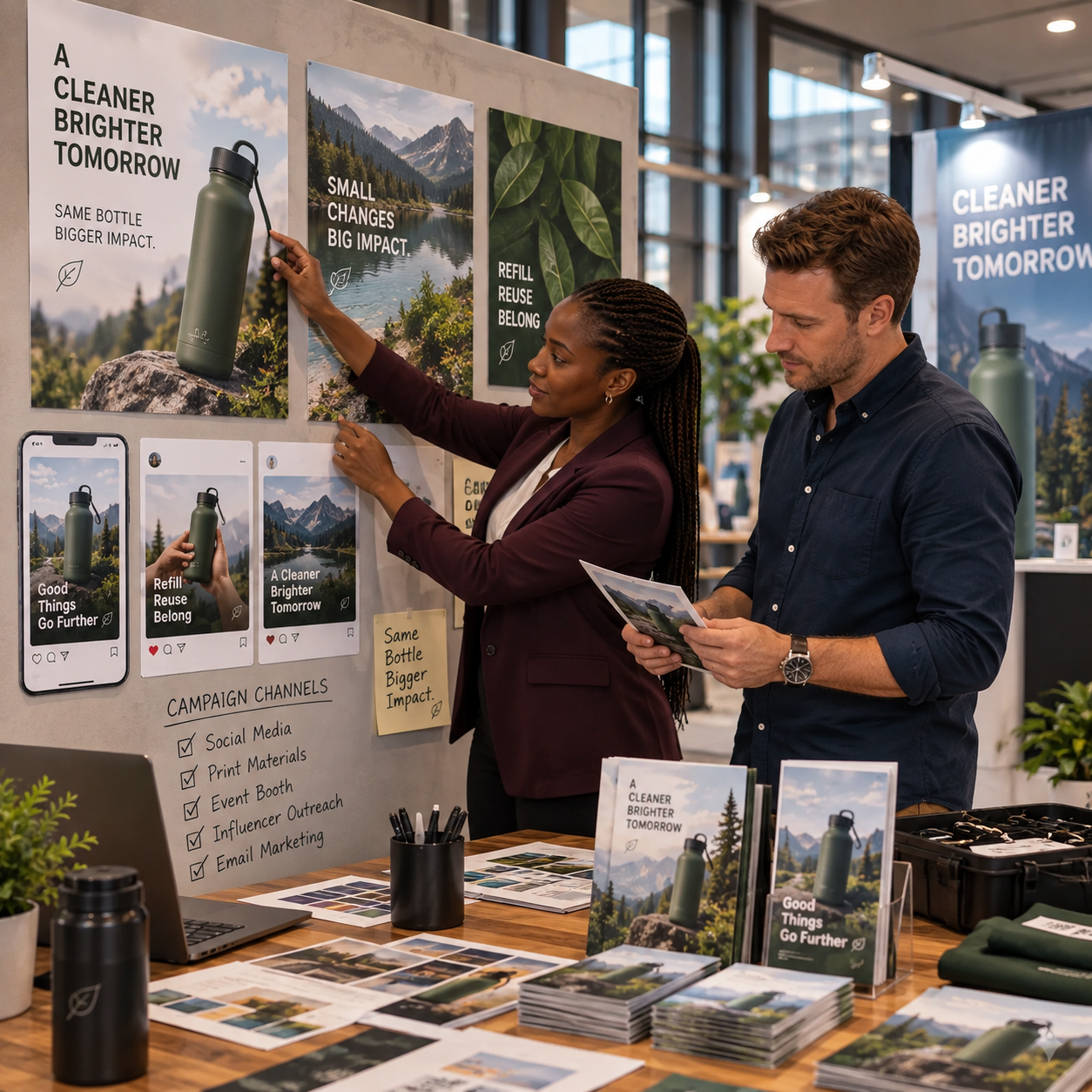 Agency team arranges a coordinated series of poster, social-screen and brochure visuals for one product across a planning wall.