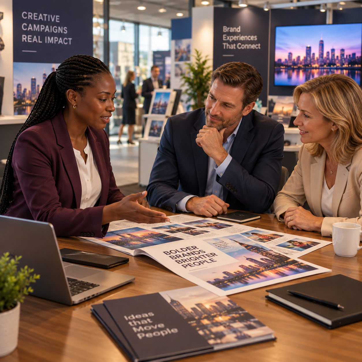 Director meets two established business clients across an agency meeting table, reviewing their campaign materials.