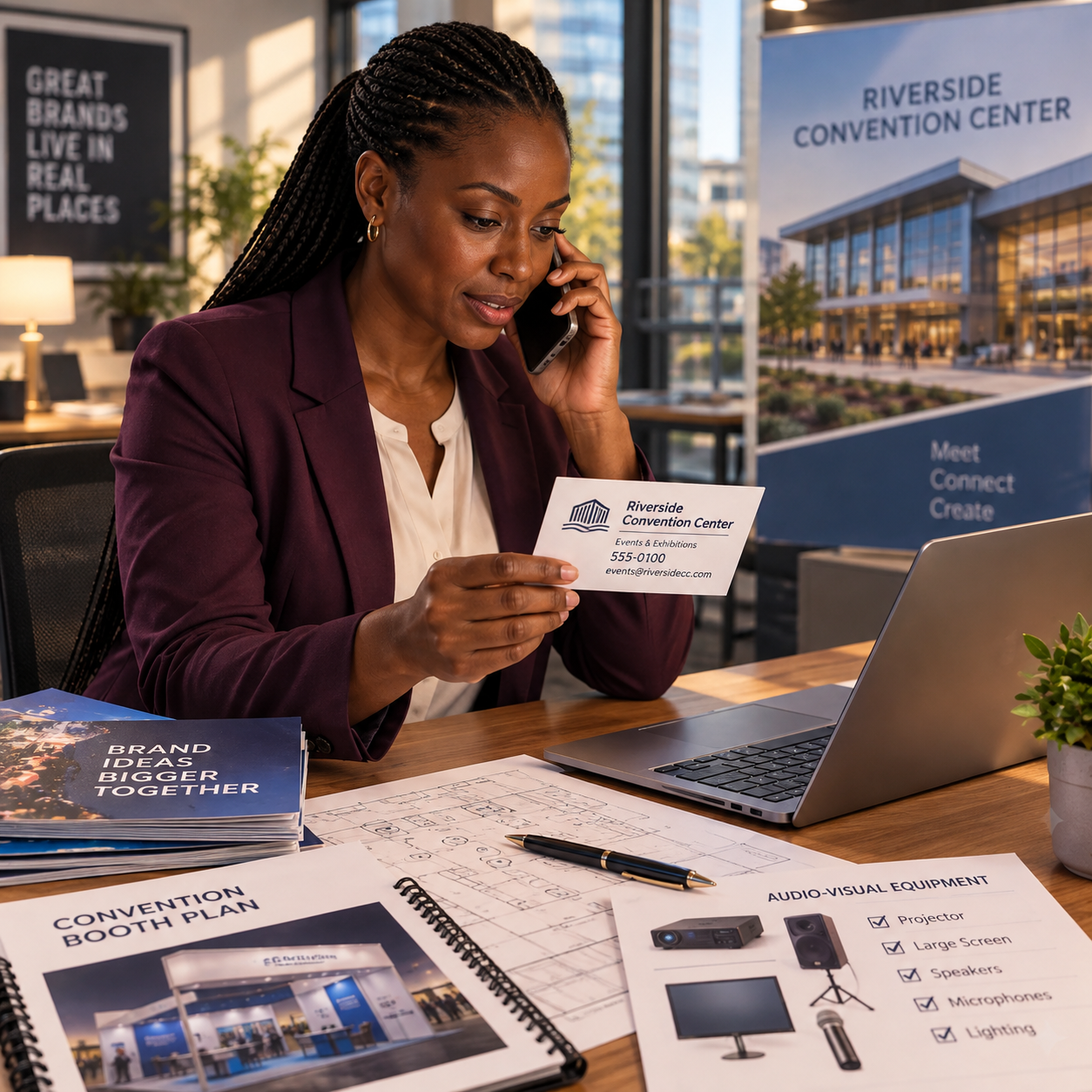 Colleague makes a phone call while using a venue contact card, agency convention planning materials nearby.
