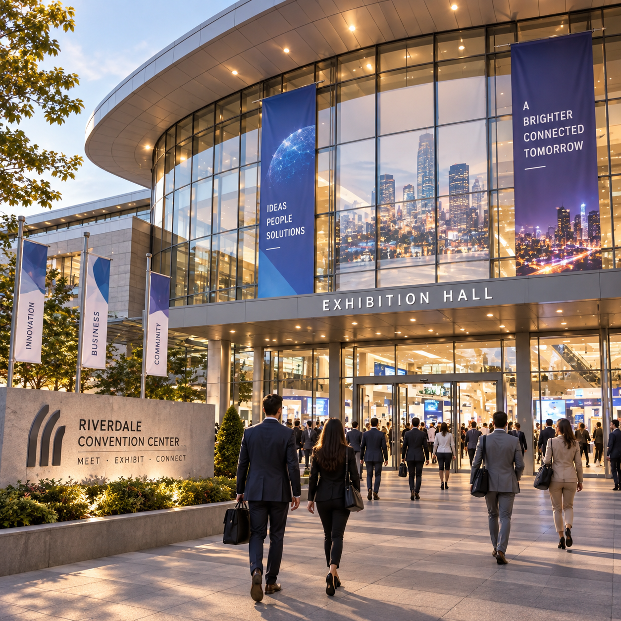 Exterior of the large glass-and-stone convention venue with delegates arriving and agency pair carrying exhibit cases.