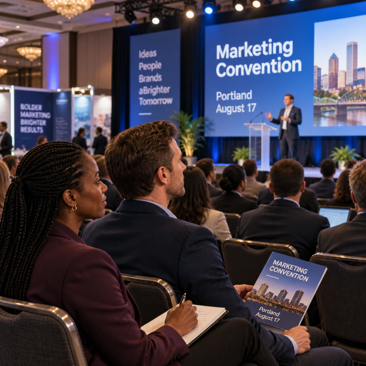 Agency pair attend a formal presentation inside the blue-stage hotel convention venue, rows of professional delegates.