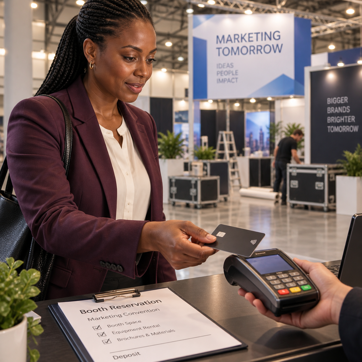 Director holds a plain credit card to a payment terminal to secure the convention booking, card numbers obscured.