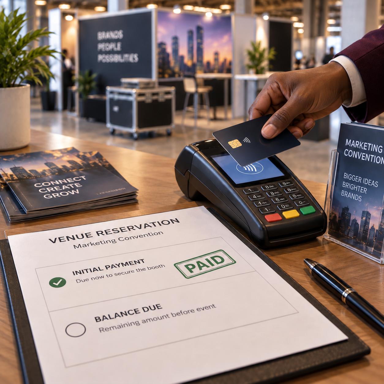 Venue clerk accepts an initial payment while a reservation folder and remaining-payment receipt sit beside the terminal.