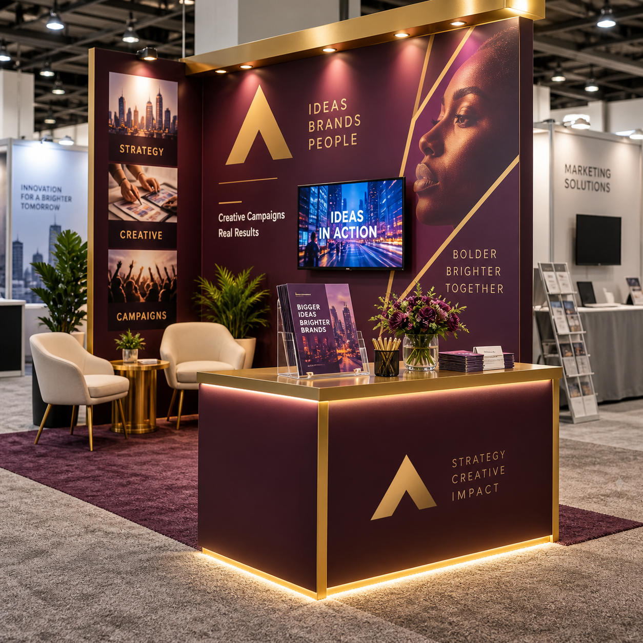 A visually striking plum-and-gold agency display stands out among neutral neighboring convention booths.