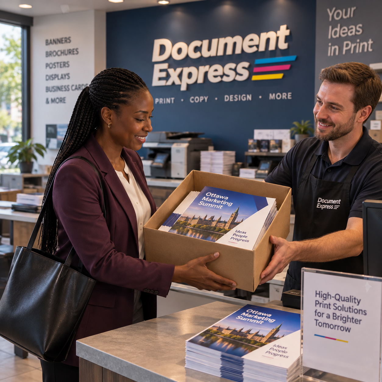 Colleague collects a carton of finished brochures from a print-service counter; store sign may read exactly Document Express.