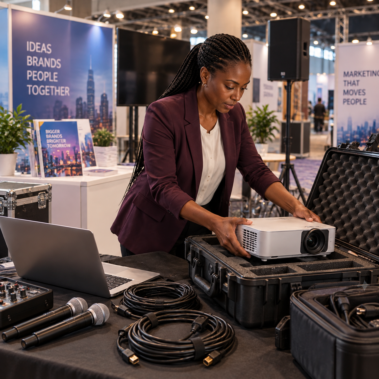 Colleague packs projector, microphone, cables and laptop in protective cases, focus on physical technical equipment.
