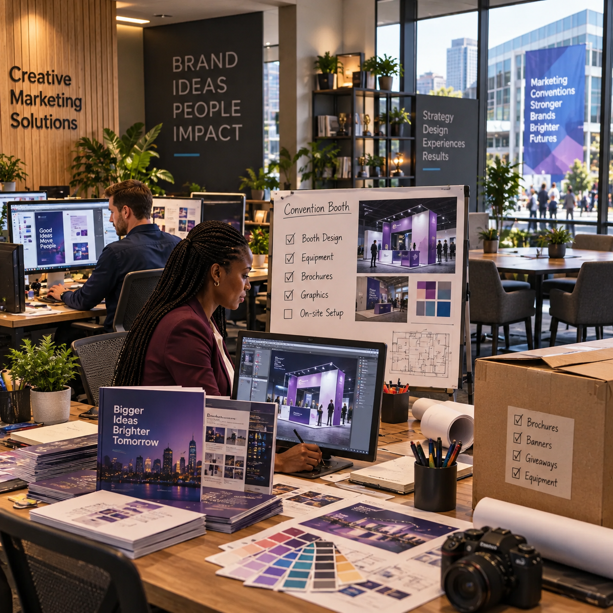 Wide view of the marketing agency studio with the two recurring staff working among desks, design boards and client materials.