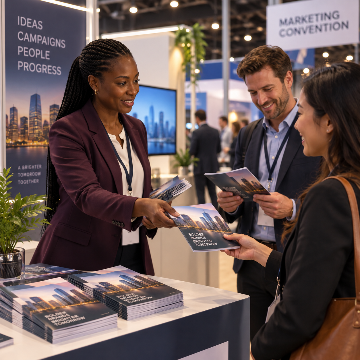 Director hands one brochure each to arriving convention delegates at the agency booth.
