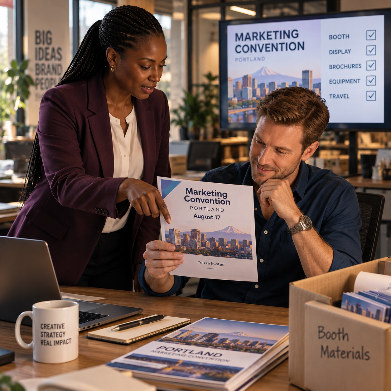 Director briefs her sandy-haired colleague at his workstation, showing a newly received convention invitation on paper.