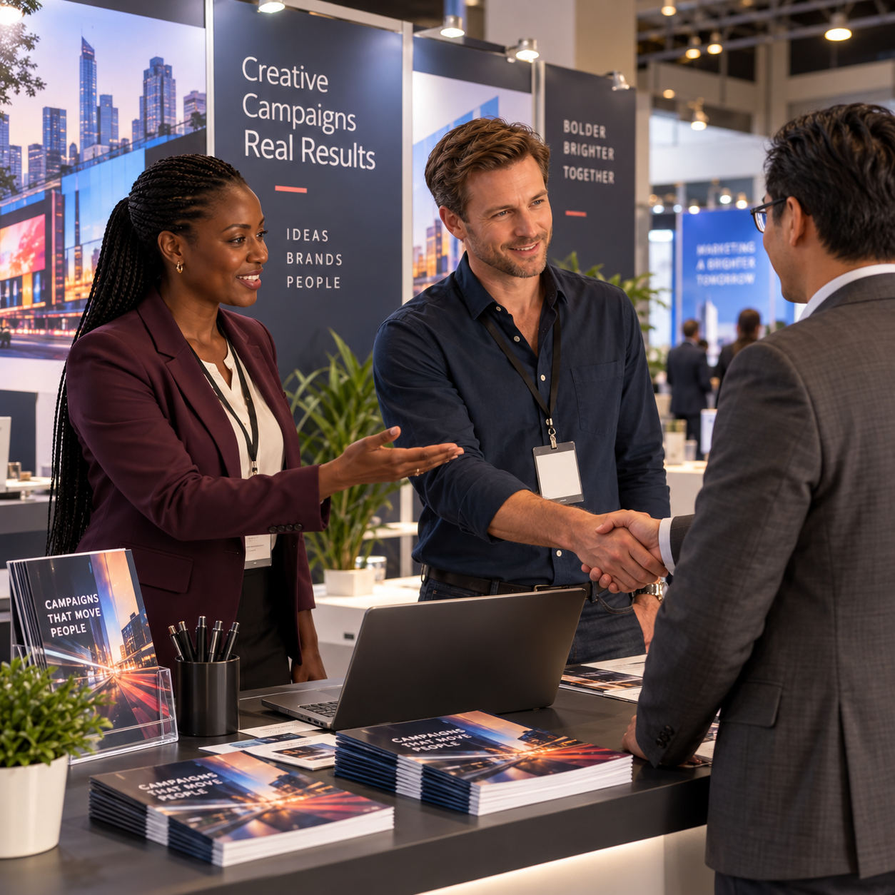Director introduces her sandy-haired colleague to a prospective client at the booth, natural three-person greeting.