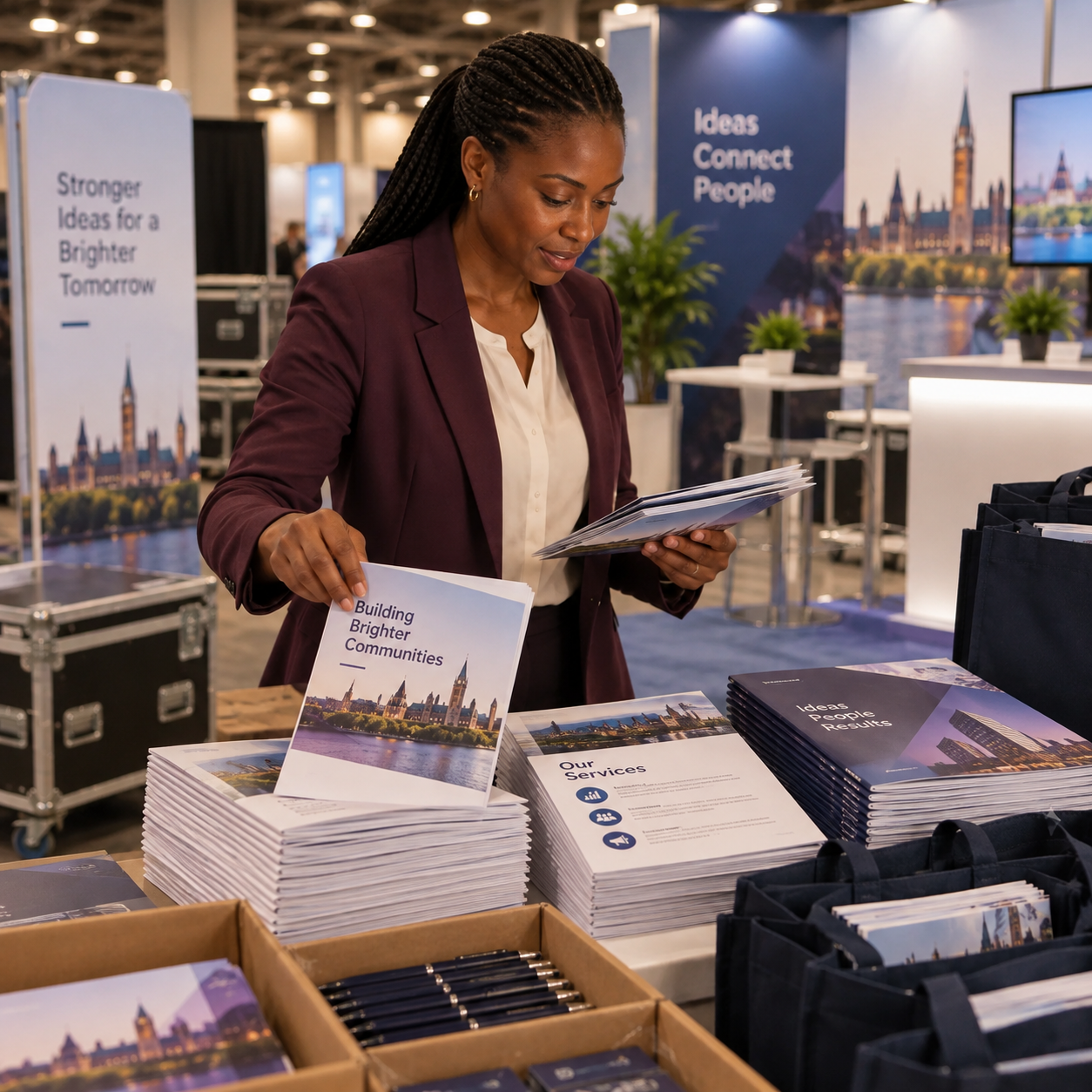 Director sorts printed brochures, information sheets and campaign booklets into an organized convention pack.