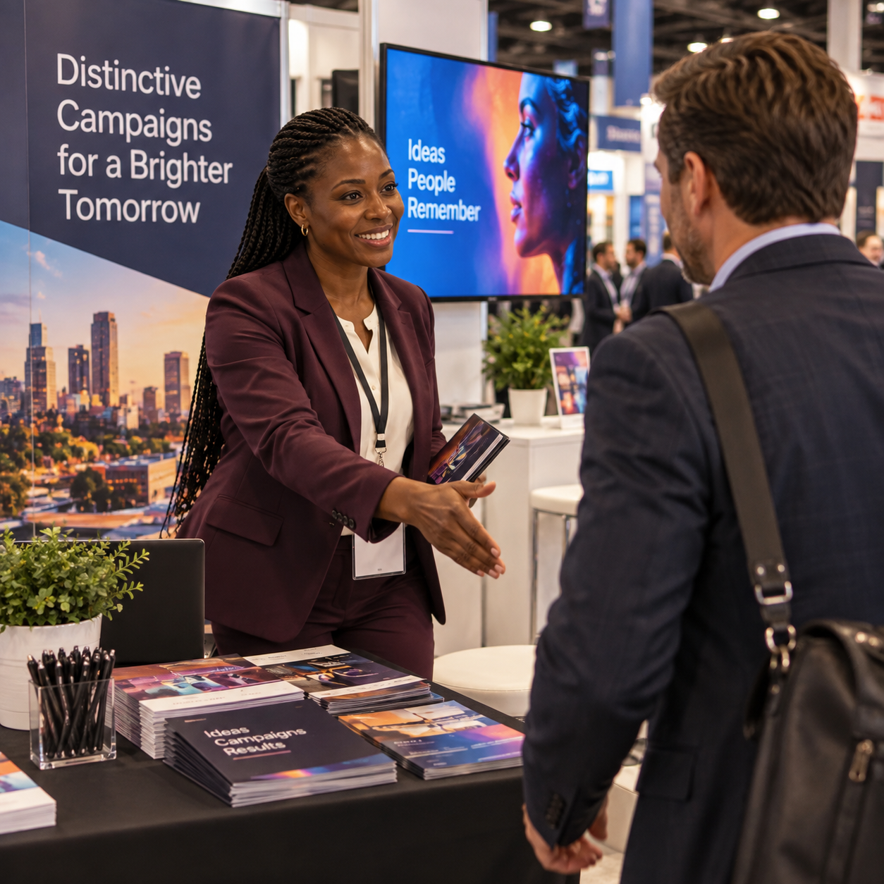 Director spots a prospective business contact approaching the booth and steps forward with an inviting greeting.