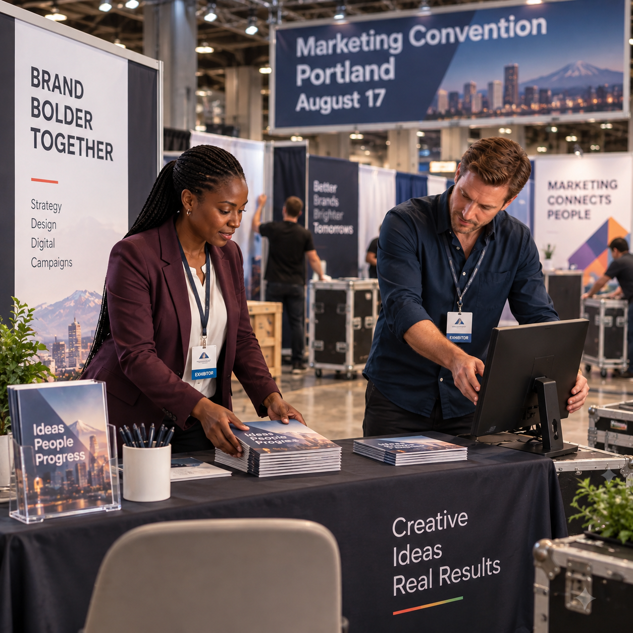 Both agency colleagues wear convention badges and join other exhibitors setting up the hall.