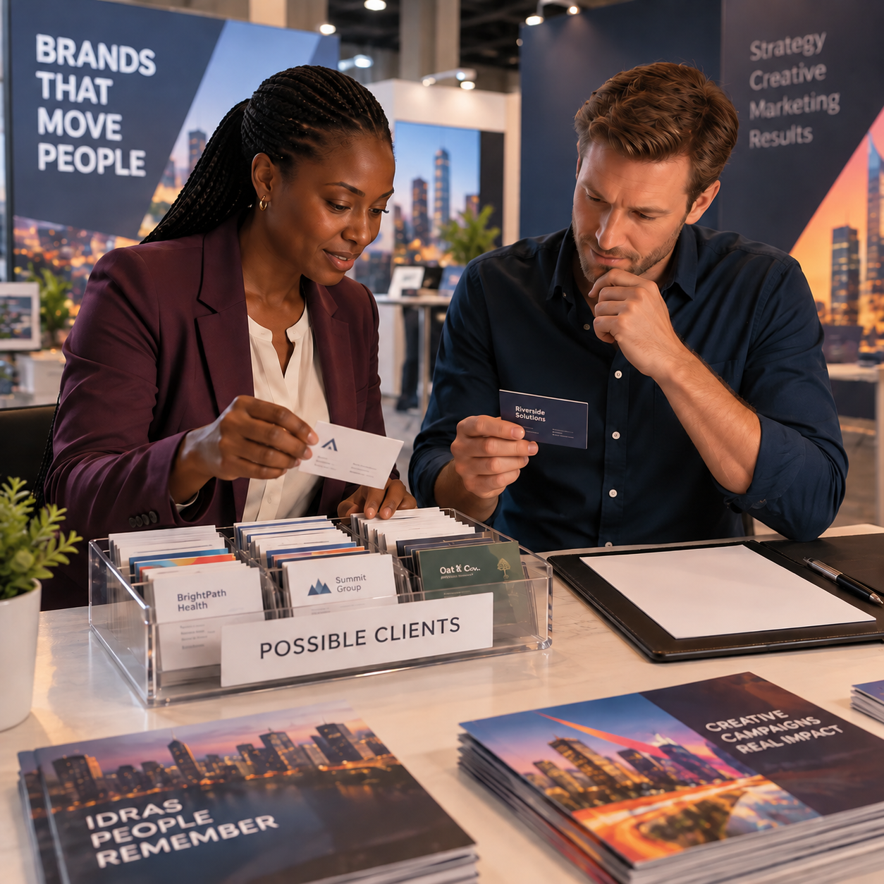 The director and male colleague review prospective client business cards sorted in a tray labeled POSSIBLE CLIENTS beside a blank contract folder. Exactly these two people in the scene, nobody in the background. They thoughtfully select leads for future business, without signing a contract.