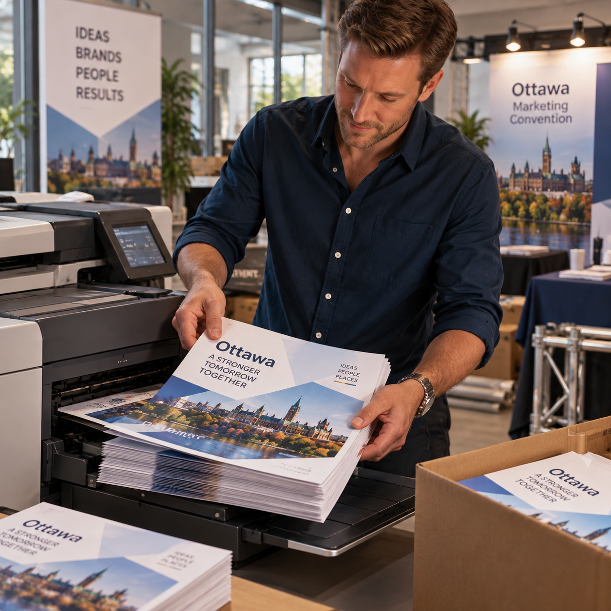 Fresh brochure sheets emerge from a print-shop digital printer, sandy-haired colleague collects them.