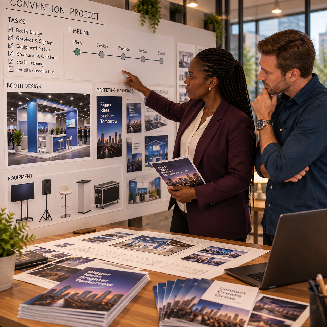 Agency team reviews a full convention project plan with tasks, milestones and sample artwork across their studio wall.