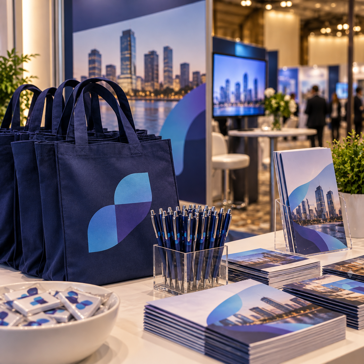 Close arrangement of branded-color but text-free giveaway tote, pen and brochure at the agency booth.