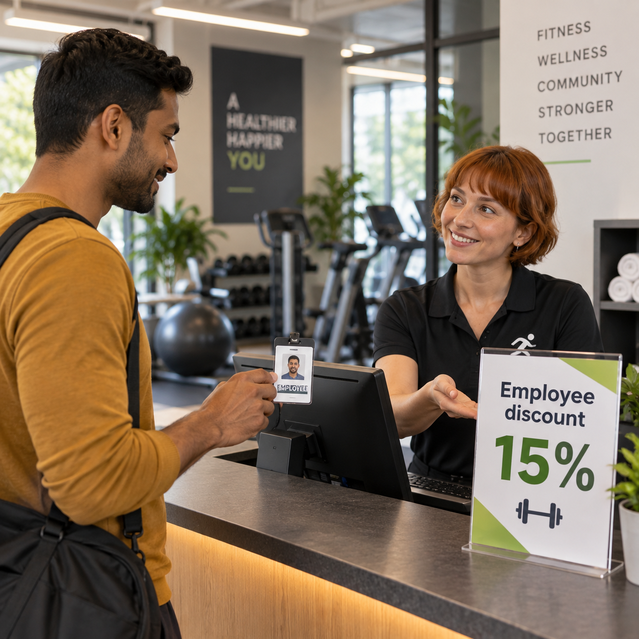 At the fitness-center desk the employee presents an ID beside a sign reading Employee discount 15%. Show exactly fifteen percent, as stated in the transcript. No invented original or final price.