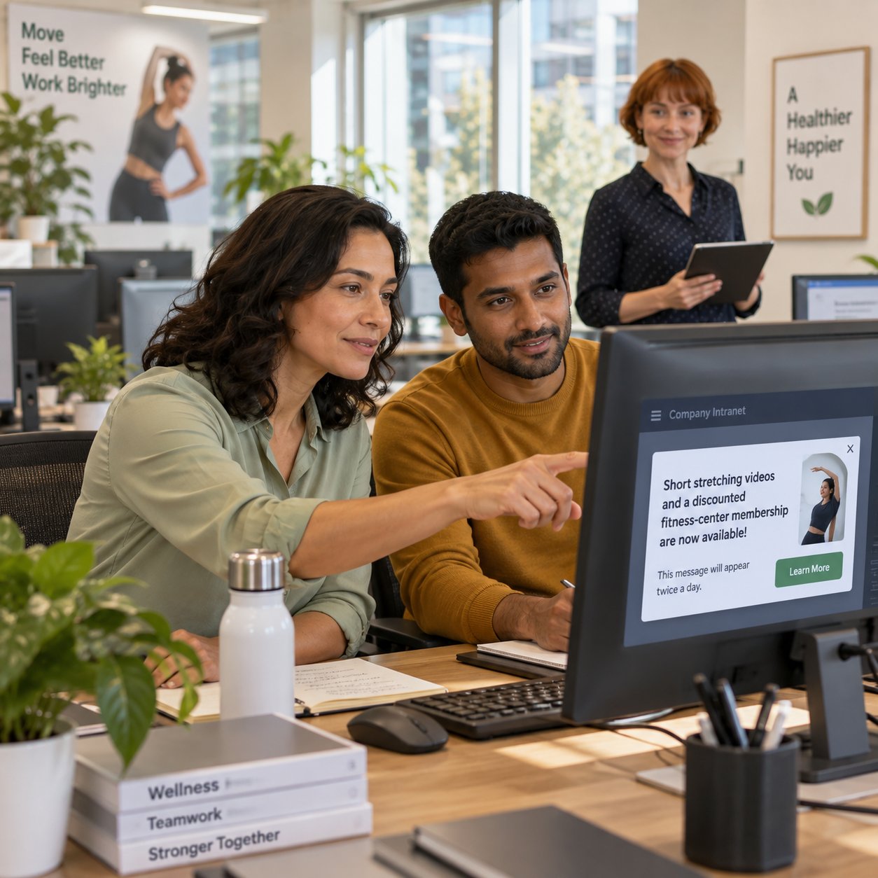 The lesson's two employees collaborate at neighboring desks, manager in background; emphasize the people who work there.