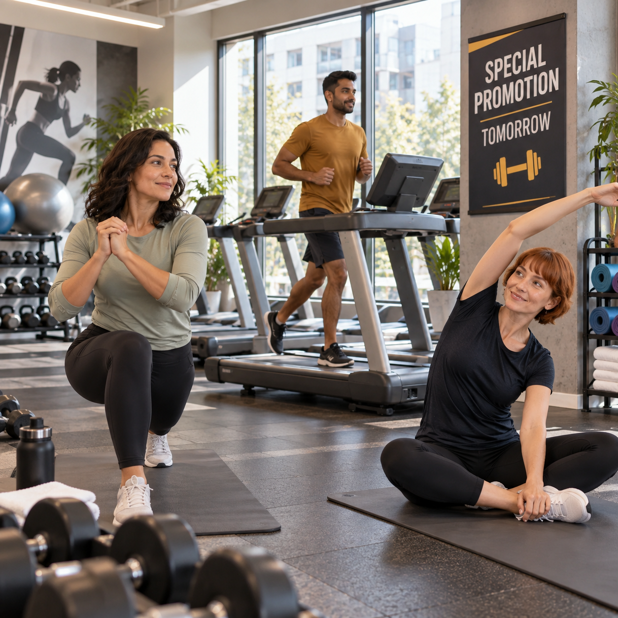 Same employees visit a bright modern gym near the office, treadmills, mats and exercise area clearly visible.