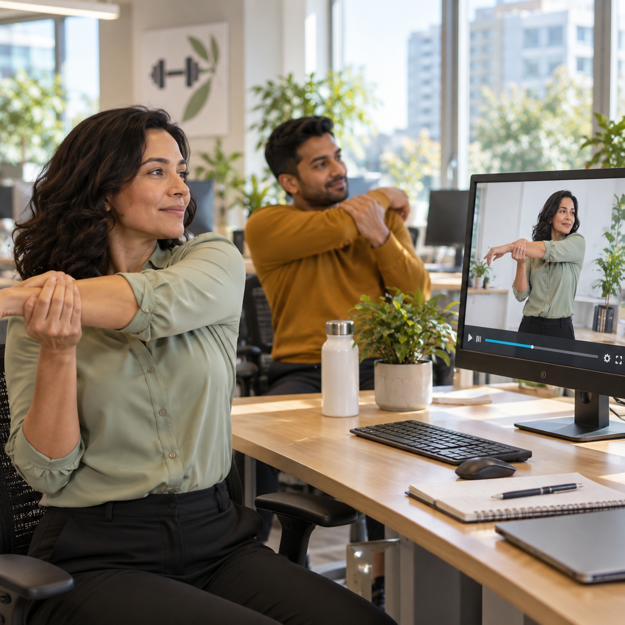 Employees mirror the sage-blouse instructor's gentle shoulder stretch shown on their workstation monitor.
