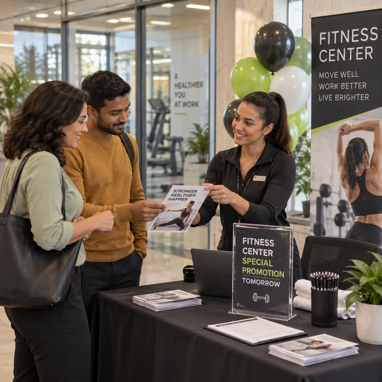 Gym staff host a small membership promotion table in the lobby, office employees approach the organized event.