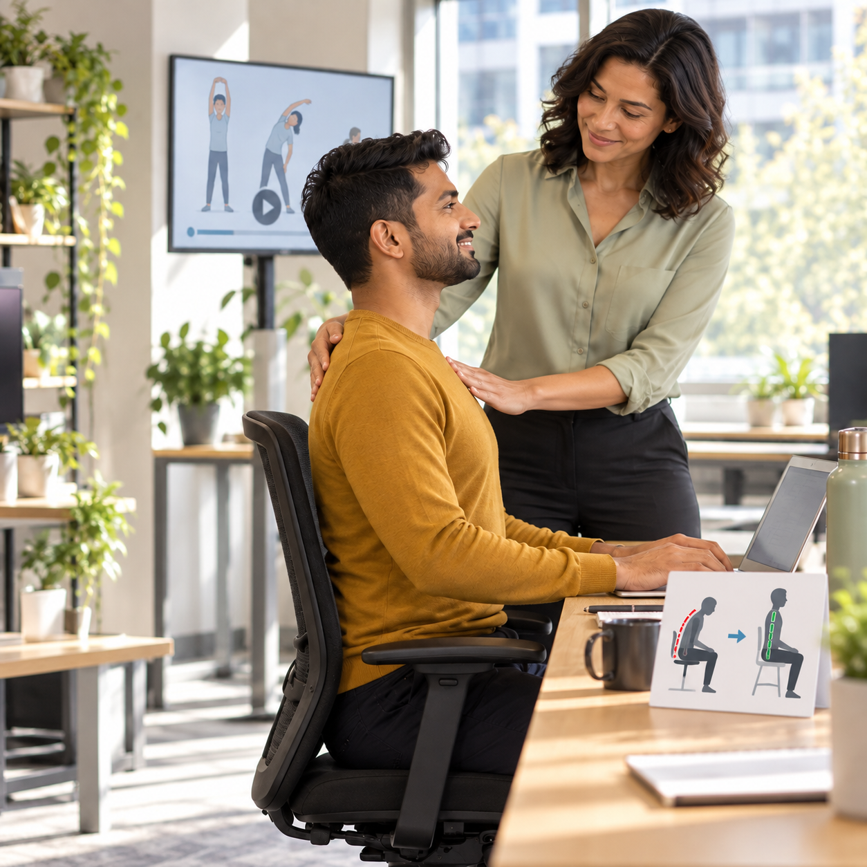 Employee adjusts from a slouched seated posture into a comfortable upright position with manager's gentle guidance.