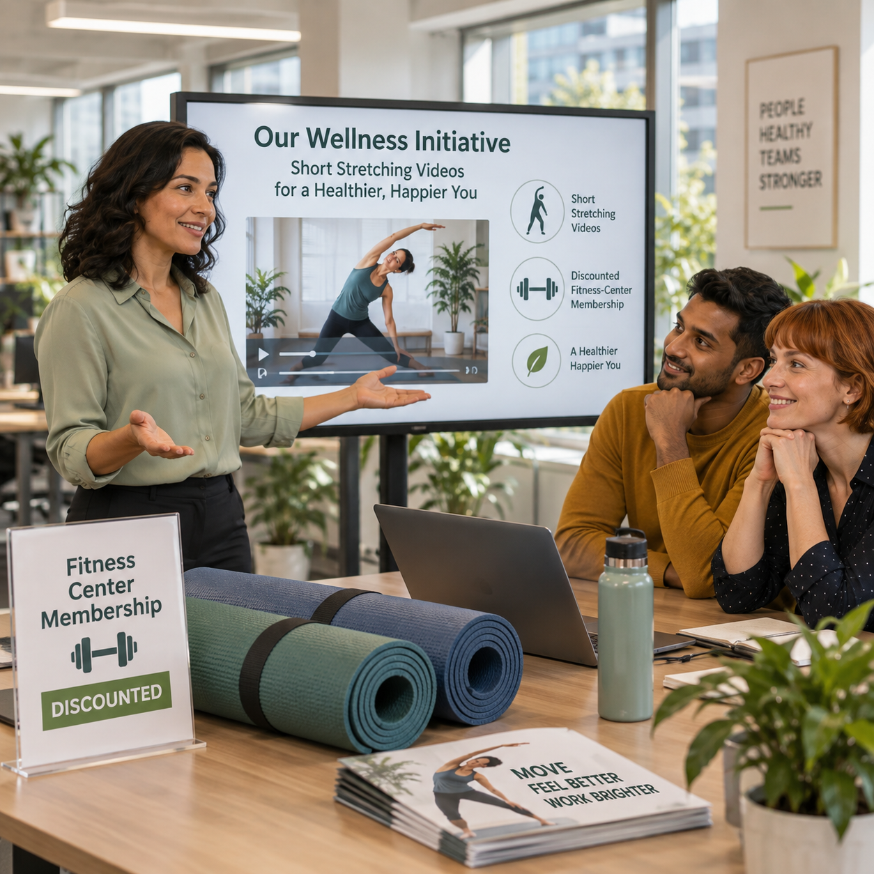 Sage-blouse manager launches the new office wellness program to the two employees, visual plan and exercise mats ready.