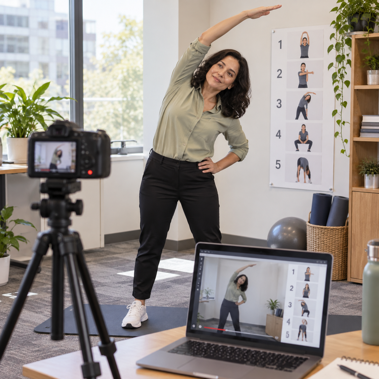 Manager records a clear step-by-step stretching demonstration in a small office corner, camera on tripod and visible simple poses.