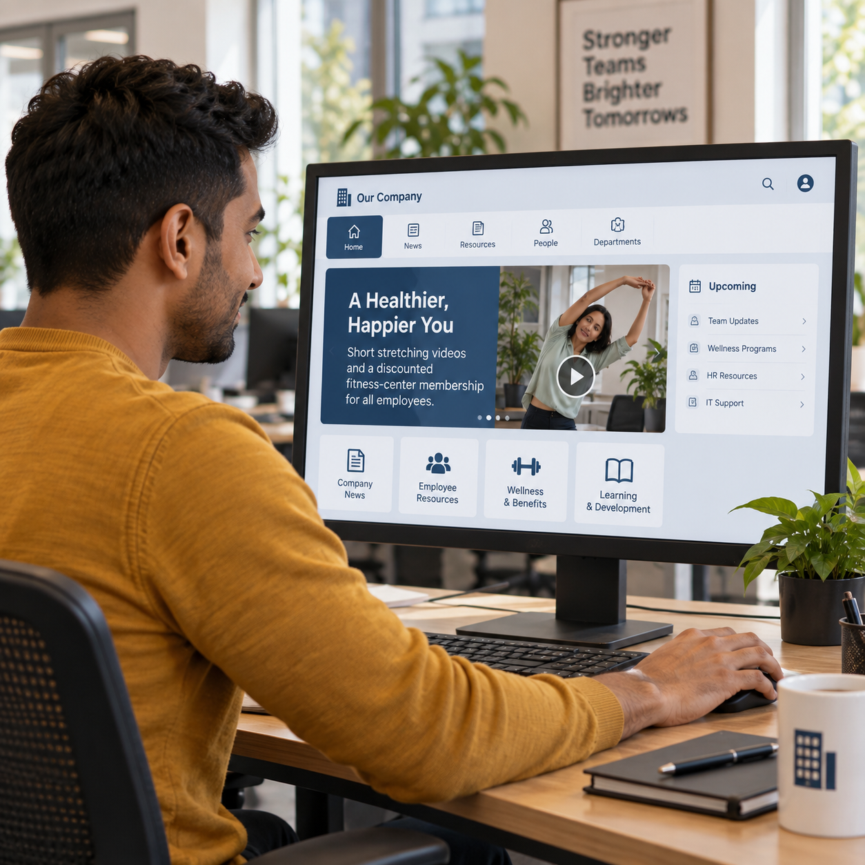 Employee opens a company-only portal on his office monitor, simple building-and-network icons, no external websites.