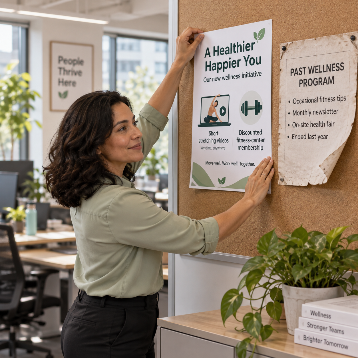 Manager replaces an older workplace notice with a freshly printed wellness announcement, new clean sheet contrasted with old curled notice.