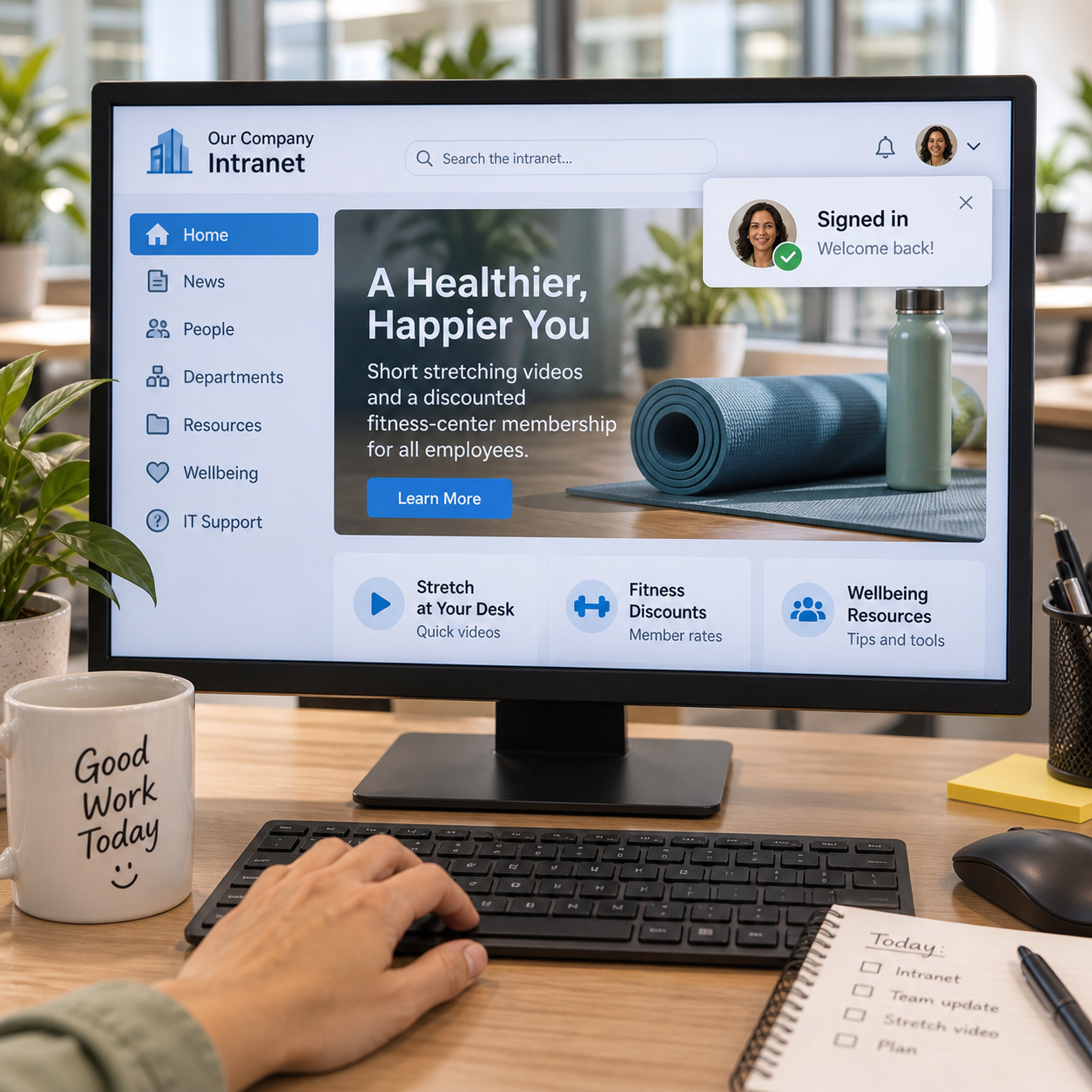Over-the-shoulder camera looks at the FRONT of the HR officer computer monitor. Inside its screen a successful intranet sign-in page shows her avatar and a green tick with Signed in. Her coworkers watch. Never put a profile symbol on the back of a monitor.