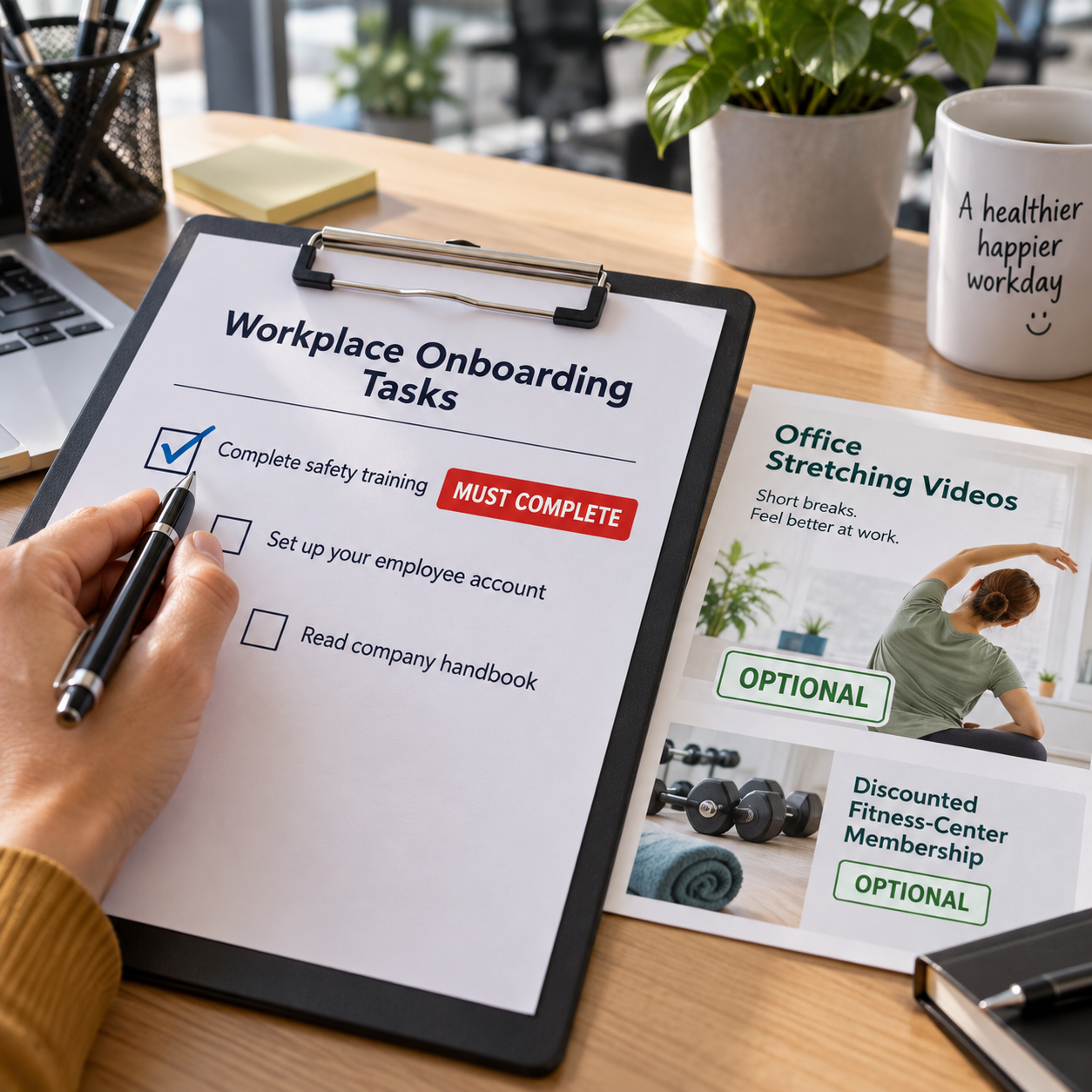 Manager distinguishes a required safety checklist on a clipboard from an optional stretch invitation, pointing firmly to required tasks.
