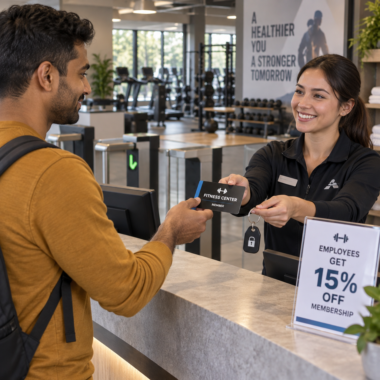 Employee receives a gym membership card and locker key from receptionist, gym turnstile and exercise room behind.