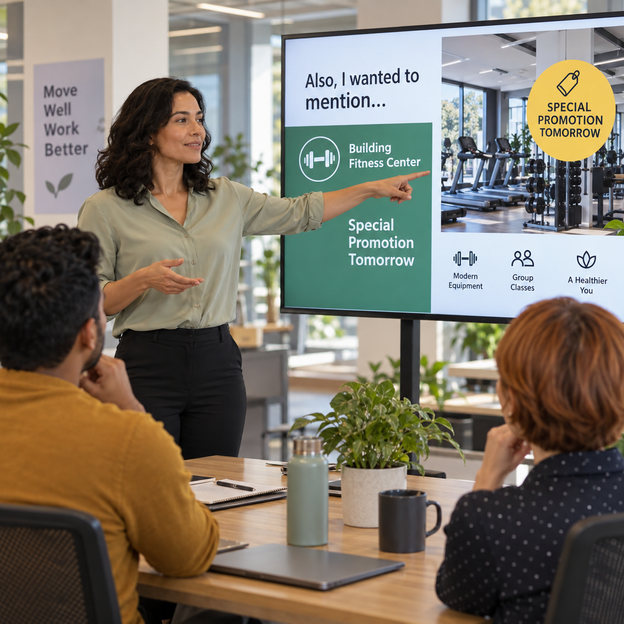 Manager casually points out a small gym offer at the end of the office wellness briefing, employees listen.