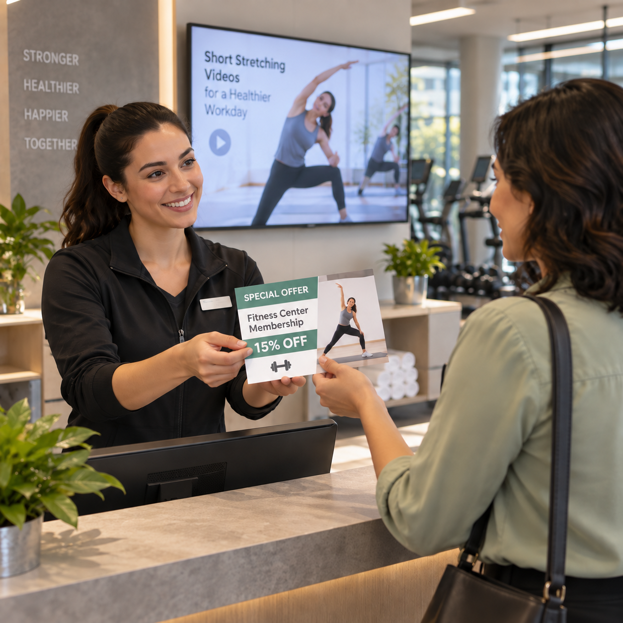 Receptionist presents the employee with a specific special membership offer on one card, friendly exchange across counter.