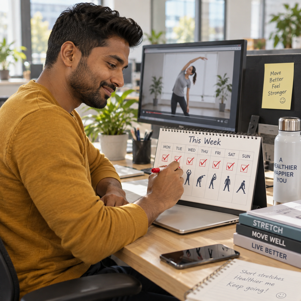 The same employee marks repeated stretching sessions on a weekly desk calendar beside his workstation, regular recurring activity.