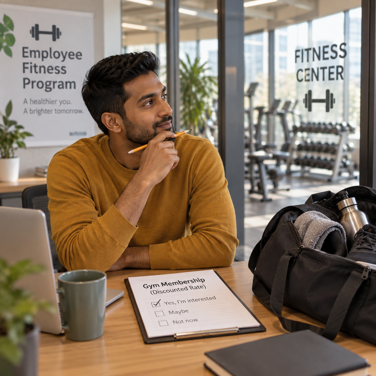 Employee thoughtfully considers joining the gym, glancing from an offer card to exercise shoes with a tentative hopeful expression.