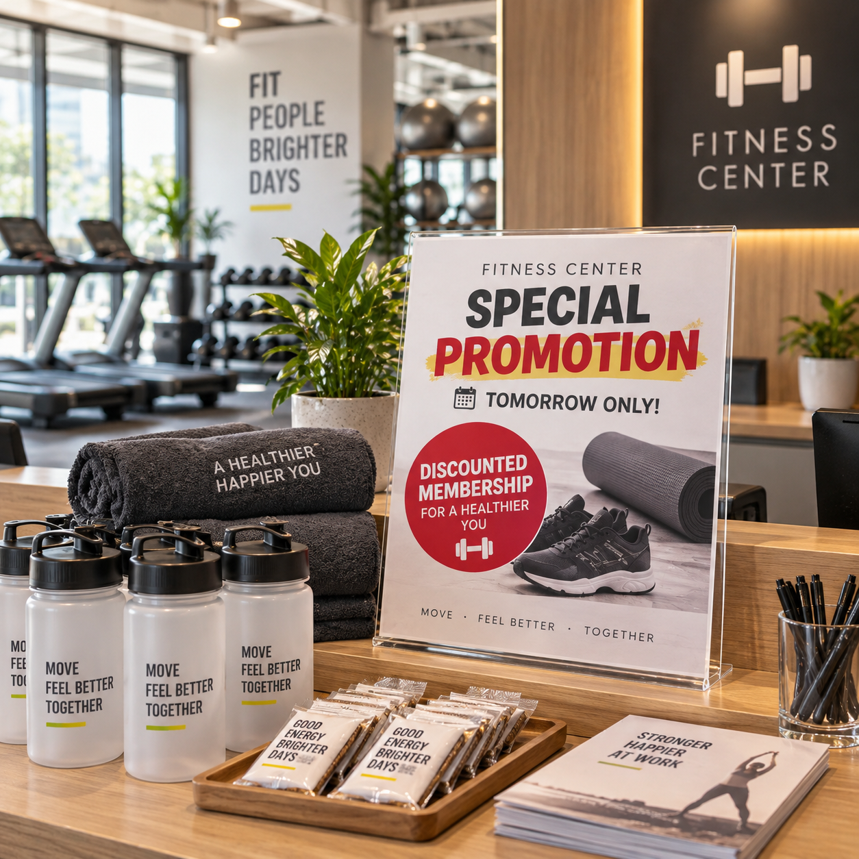 Fitness-center reception has a special promotional display with a highlighted limited offer card and welcome gifts.