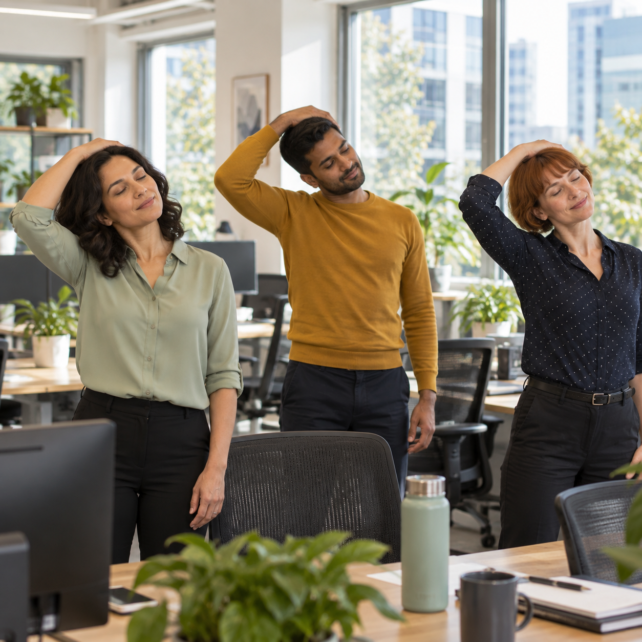 All three established office characters perform a coordinated series of gentle standing neck-and-shoulder stretches at their desks.