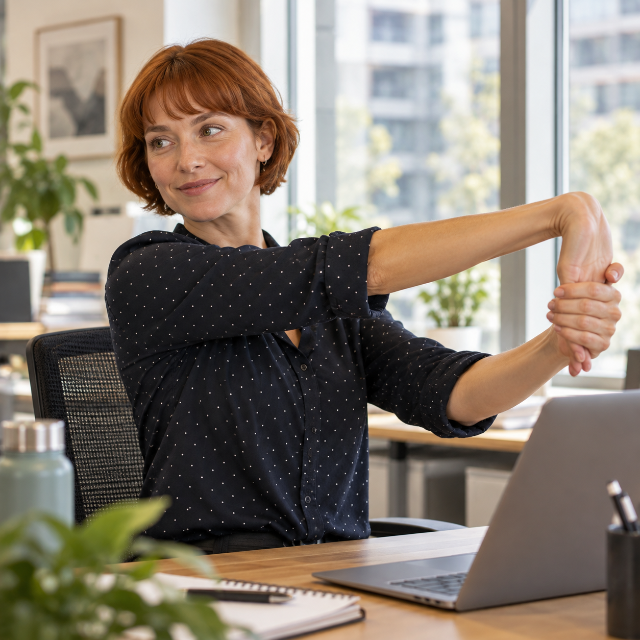 Close view of red-haired employee gently stretching one forearm with the other hand at her desk, focus on the single movement.