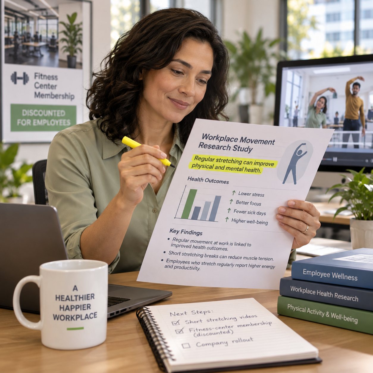 Manager reads a research report with charts about workplace movement, highlighting one finding at a quiet office desk.