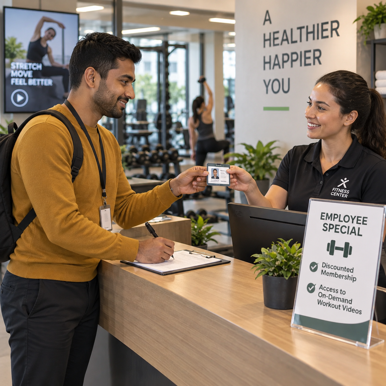 Employee uses his special workplace gym offer, presenting employee ID while signing up at the fitness-center desk.