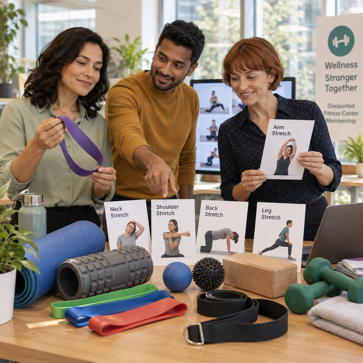 A selection of different stretching tools and activity cards on a wellness table, employees compare the varied options.