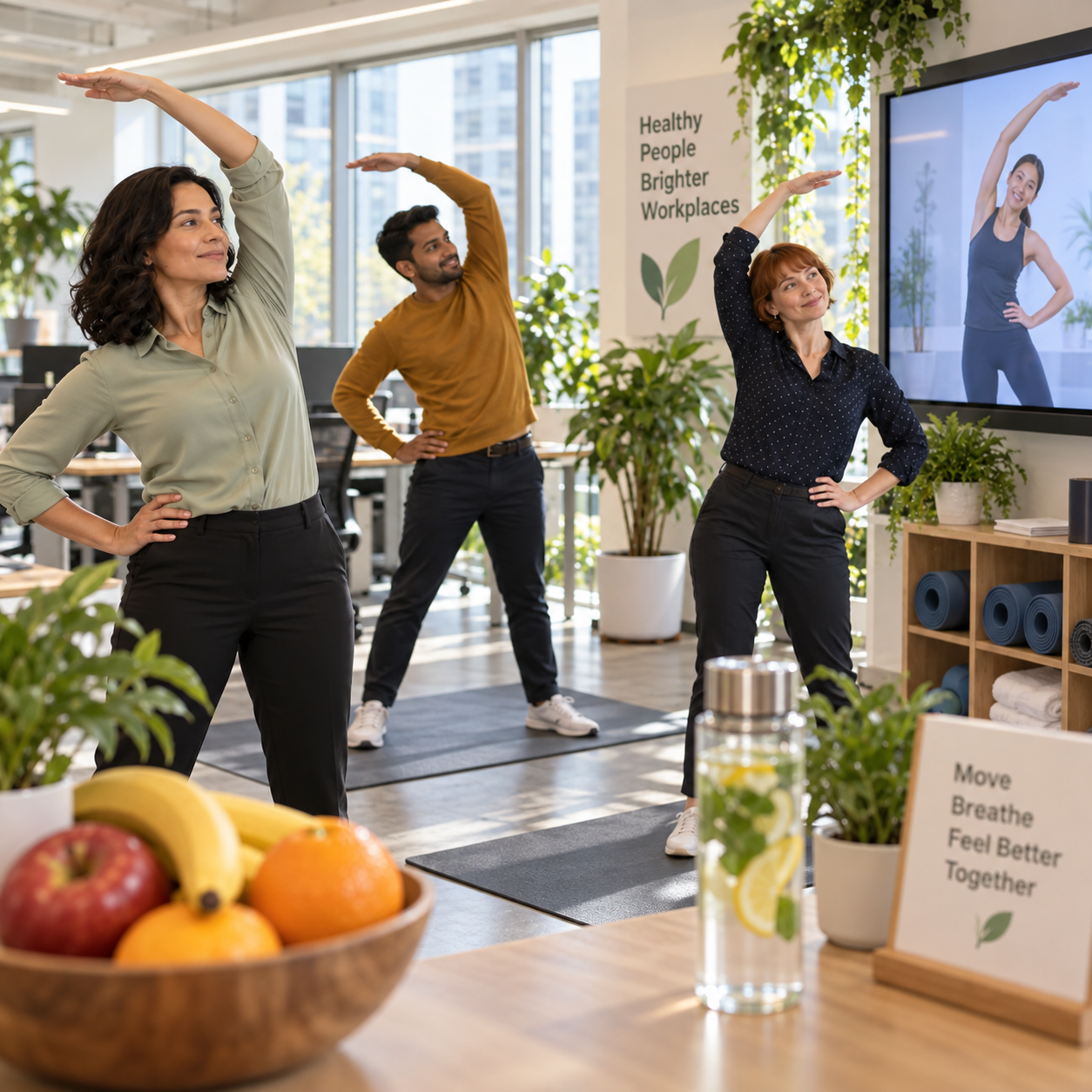 Office wellness corner with employees stretching, water and fruit, daylight and greenery, healthy relaxed workplace.