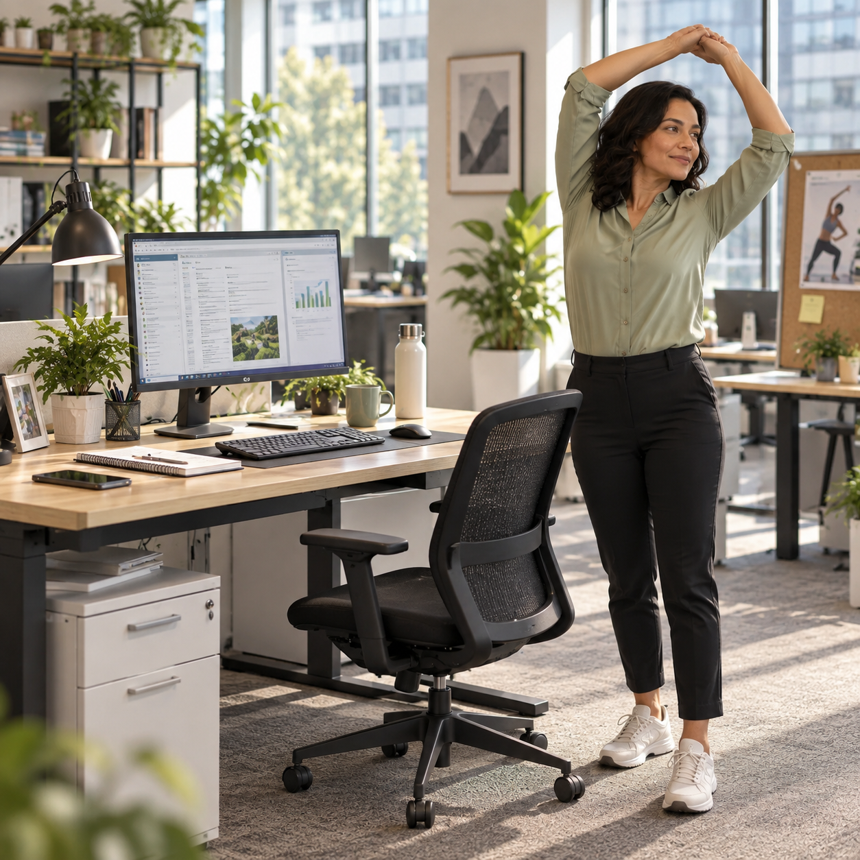 Personal office desk with monitor, chair, keyboard and sufficient clear space for movement, employee standing alongside.