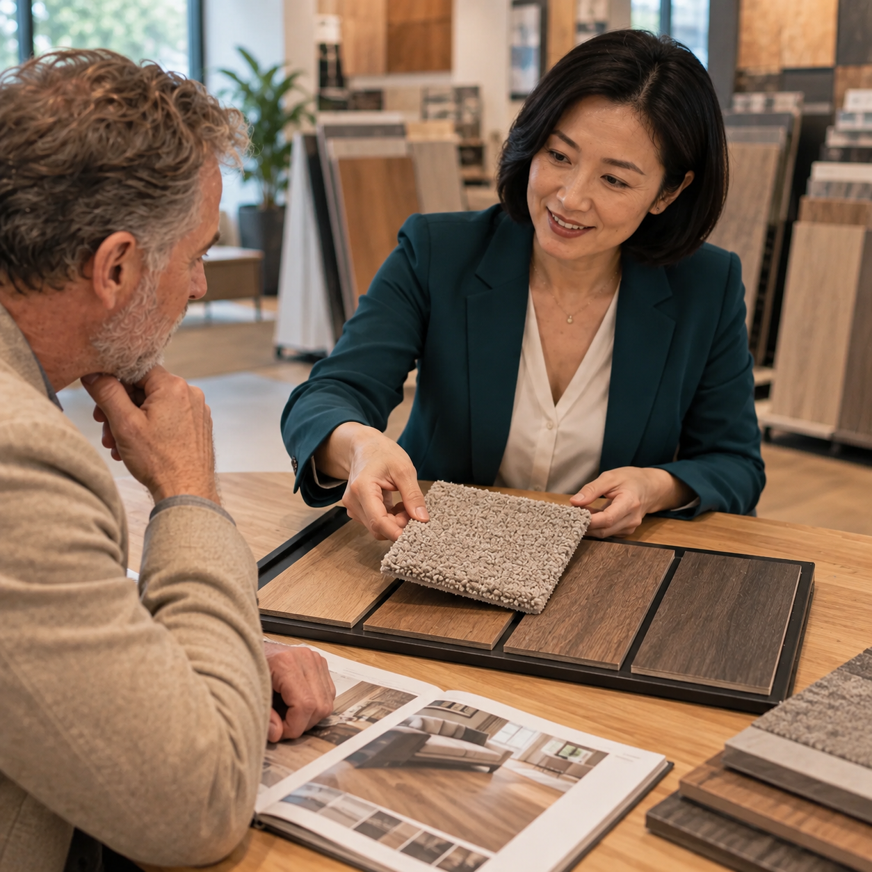 After showing wood samples, consultant adds a carpet sample to the customer's comparison tray, clear additional option.
